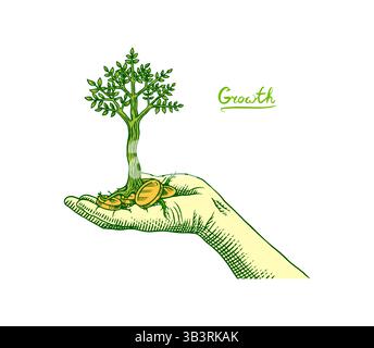 Hand mit goldenen Münzen stapeln mit Wachstumsbaum für Geschäftsinvestitionen. Wachstum von Geldpflanzen. Vektor-Clipart-Illustration. Skizze Linie und Tinte Stock Vektor