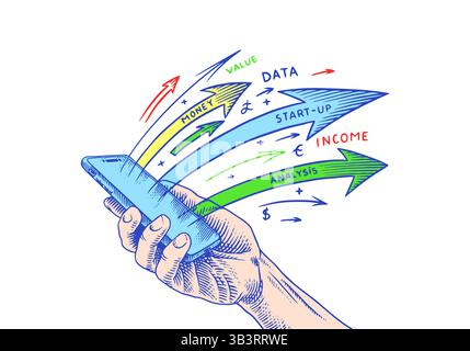 Mit offener Hand Geben oder Empfangen. Hologramm von Verstärkungspfeilen oder Diagrammdiagramm. Vektor-Clipart-Illustration. Teamwork, Arbeitseffizienz, Symbol für Startup Stock Vektor
