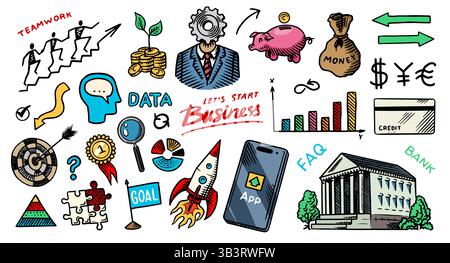 Business kritzelt handgezeichnete Symbole. Managementkonzept. Vektor-Clipart-Illustration. Skizze Linie und Tinte. Vintage-Style. Stock Vektor