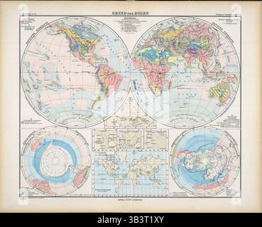 SEATTLE - 19. September 2022 - diese hochdetaillierte antike Weltkarte aus dem späten 19. Jahrhundert zeigt die östliche und westliche Hemisphäre sowie die Stockfoto