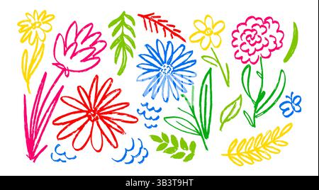 Kamille handgezeichnet. Tusche, die Wildpflanzen zeichnet. Blumen, Kräuter und Pflanzen, botanische Groblinie Illustration. Schwarze Farbe. Gänseblümchenelemente Stock Vektor