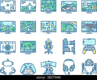 Videospiel elektronische Symbole und Gerätesymbole handgezeichnet Stock Vektor