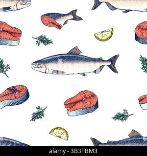 Nahtloses Muster Fisch Lachsfilet, Tinte Hand gezeichnete Vektor-Illustration. Steaks in Scheiben. Vintage-Meeresfrüchte mit Gravur. Meeresfrüchte-Restaurant-Menü Stock Vektor
