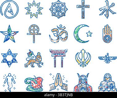 Religion, Gebetskult und Atheismus Ikonen handgezeichnet Stock Vektor