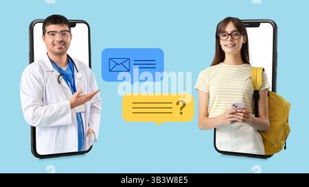 Junger männlicher Arzt und weibliche Patientin, die aus Smartphone-Bildschirmen auf blauem Hintergrund schauen Stockfoto