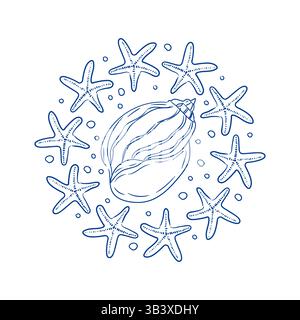 Dekorative Kränze mit Muscheln, Seesternen und Meereselementen im Stil des Ozeans für die Einrichtung an der Küste Stock Vektor
