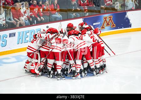 Minneapolis. März 2025. Die Spieler der Wisconsin Badgers treffen sich während des NCAA Women's Hockey Frozen Four Meisterschaftsspiels zwischen Ohio State und Wisconsin in der Ridder Arena in Minneapolis. Steven Garcia-CSM/Alamy Live News Stockfoto