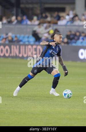 San Jose, Usa. März 2025. Stürmer Cristian Arango #9 von San Jose Earthakes kontrolliert den Ball während des MLS-Turnierspiels zwischen San Jose Earthakes und Colorado Rapids im PayPal Park. Endpunktzahl: Colorado Rapids 2-1 San Jose Earthquakes. Am 15. März 2025 in San Jose, Kalifornien. (Foto: Ismael Sanchez Garcia/Eyepix Group/SIPA USA) Credit: SIPA USA/Alamy Live News Stockfoto