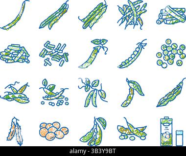 Sojabohnenfutter Erbsen grüne Symbole handgezeichnet Stock Vektor