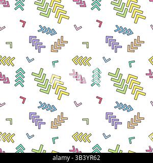 Abstraktes, lebendiges, sich wiederholendes Muster aus bunten Pfeilen, Zeiger und Häkchen auf einem nahtlosen weißen Hintergrund. Perfekt für Kinderzimmer, Tapeten, Verpackungen Stock Vektor