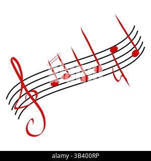 Abbildung der Notennotizen. Rote schwarze Melodie. Gekrümmte Rhythmusform. Vektor-Musiklinie. Stock Vektor