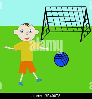 Junge spielt Fußball. Fußball-Netzszene. Blaue Kugel Figur. Vektor-Sport-Moment. Stock Vektor