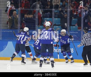 22. Februar 2018 - Pyeongchang, KOREA - US-Stürmer Monique Lamoureux-Morando (7) feiert mit seinen Teamkollegen, nachdem er beim Eishockey-Goldmedaillenspiel der Frauen zwischen Kanada und den USA während der Olympischen Winterspiele 2018 im Gangneung Hockey Centre 2-2 Punkte erzielt hat. Die USA schlugen Kanada 3-2 in einem Überstunden-Schießerei. (Bild: © David McIntyre via ZUMA Wire) Stockfoto