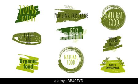 Gesunde Lebensmittel Etiketten Abzeichen Logos Öko Aufkleber. Für den Bauernmarkt Öko-Lebensmittel vegetarische Menü-Food-Paket. Umweltfreundliches Design. Bio-Lebensmittel, Vegan, Farm Fresh, Natürliche Produkte. Vektorabbildung. Stock Vektor