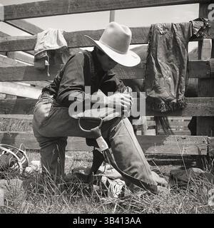 Vintage-Monochrom-Porträt eines Rodeo-Cowboys, der seine Ausrüstung in Jeans vorbereitet, schreibt auf Stone, Alberta, Kanada. Um 1983 Stockfoto