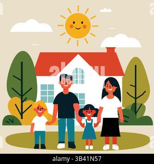 Glückliche Familie vor dem Haus - flache Design-Vektor-Illustration Stock Vektor