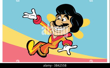 Glücklicher Retro Cartoon Mann mit Schnurrbart Maskottchen - dynamische Vektor-Illustration Stock Vektor