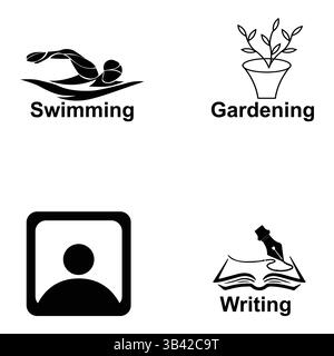 Vector icon Pack: Schwimmen, Gartenarbeit, Profil und Schreiben Stock Vektor