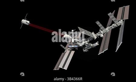 7. Februar 2011 - ein undatiertes computergeneriertes Bild des europäischen unbemannten Frachtnachversorgungs-Raumschiffs Johannes Kepler ATV-2 in der Andockphase. Am 15. Februar 2011 wird das Schiff an Bord einer Ariane-5ES-Rakete gestartet, die acht Tage später an der Internationalen Raumstation ISS andockt. Es wird derzeit für den Start im Weltraumzentrum Guayana in Französisch-Guayana vorbereitet. Stockfoto