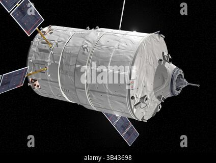 7. Februar 2011 – Weltraum – 7. Februar 2011 – ein undatiertes computergeneriertes Bild des europäischen unbemannten Fracht-Nachversorgungs-Raumschiffs „Johannes Kepler ATV-2“ in der Andockphase. Am 15. Februar 2011 wird das Schiff an Bord einer Ariane-5ES-Rakete gestartet und acht Tage später an der Internationalen Raumstation ISS angedockt. Es wird derzeit für den Start im Weltraumzentrum Guayana in Französisch-Guayana vorbereitet. (Kreditbild: © EADS Astrium/NASA/ZUMAPRESS.com) Stockfoto