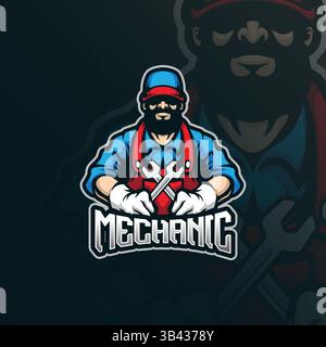 Mechanisches Maskottchen Logo Design Vektor mit modernem Illustrationskonzept Stil für Abzeichen, Emblem und T-Shirt Druck. Abbildung der Mechanik. Stock Vektor