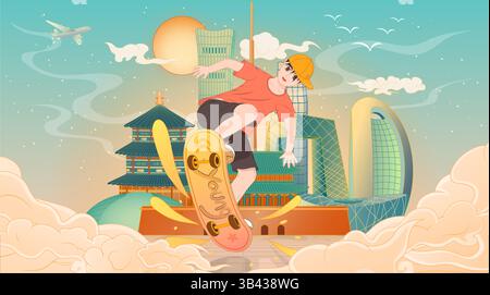 Vektorillustration von Teenagern, die Skateboard spielen Stock Vektor