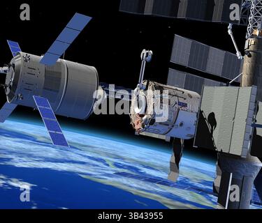 23. Juli 2015 - Space - File - die Exoplaneten-Jagd-Sonde Kepler der NASA hat eine andere erdähnliche Welt entdeckt. Die Raumfahrtbehörde gab heute die Entdeckung von Kepler-452b bekannt, dem kleinsten Planeten, den wir bisher gefunden haben, der innerhalb der bewohnbaren Zone eines Sterns umkreist, den Orten um eine Sonne, wo er warm genug ist für flüssiges Oberflächenwasser. NASA-Forscher nennen Kepler-452b als Earth 2,0. Abbildung: 7. Februar 2011 – Weltraum – 7. Februar 2011 – ein undatiertes computergeneriertes Bild des europäischen unbemannten Frachtnachschub-Raumschiffs „Johannes Kepler ATV-2“ in der Andockphase. Am 15. Februar 2011 wird das Schiff in Betrieb genommen Stockfoto