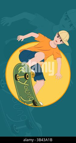 Vektor-Illustration Poster eines Teenagers, der Skateboard spielt Stock Vektor