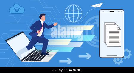 Konzeptdarstellung der Übertragung von Dateien zwischen Mobiltelefon und Computer Stock Vektor