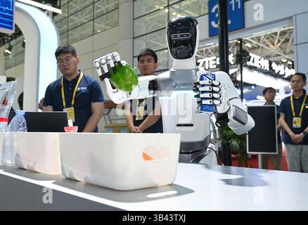 Peking, Chinas Provinz Fujian. April 2025. Ein Roboter wird auf dem 8. Digital China Summit in Fuzhou, südöstlicher chinesischer Provinz Fujian, am 29. April 2025 gezeigt. Auf dem Gipfel werden die Fortschritte des Landes bei der digitalen Transformation und der Expansion seiner digitalen Wirtschaft hervorgehoben. Quelle: Lin Shanchuan/Xinhua/Alamy Live News Stockfoto