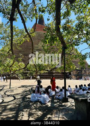Heilige buddhistische Stupa, die hoch unter dem Himmel steht und Frieden, Erleuchtung und das spirituelle Erbe der alten Traditionen Sri Lankas symbolisiert. Stockfoto