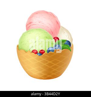 Abbildung: Bunte Eislöffel in Waffelschale. Rosafarbene Vanille kombiniert mit frischen Blaubeeren, roten Johannisbeerblättern. Perfekt für Stock Vektor