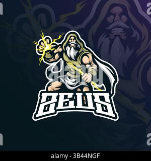 Zeus Mascot Logo Design Vektor mit modernem Illustrationskonzept Stil für Abzeichen, Emblem und T-Shirt Druck. Angry zeus Illustration für die Sportmannschaft. Stock Vektor
