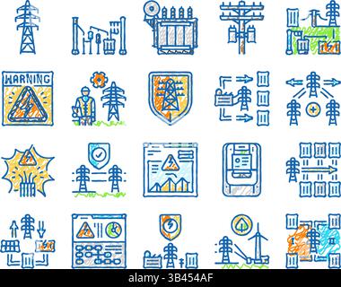 Stromnetz Energiebildsymbole handgezeichnet Stock Vektor