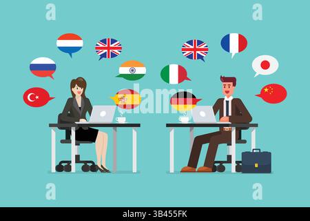 Geschäftsleute, die an einem Laptop arbeiten und viele verschiedene Sprachen sprechen. Abbildung des Konzepts mehrsprachiger Übersetzer. Vektorabbildung Stock Vektor