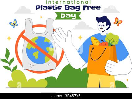 Internationale Plastiktüte freie Tag Vektor-Illustration am 3. Juli mit Go Green Message, Save the Earth and Ocean Theme in Eco Friendly Lifestyle Stock Vektor