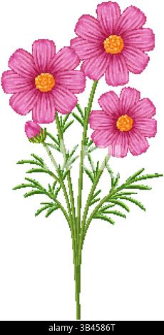 Detaillierte Vektor-Illustration von rosa Kosmos Blumen mit grünen Stielen und Blättern, die lebendige Farben und komplizierte Linienarbeit zeigen Stock Vektor