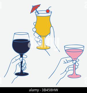 Illustration von drei Händen, die verschiedene Cocktails in bunten Gläsern mit Zitrusgarnituren und Eiswürfeln halten, für Sommer- oder Partymotive. Stock Vektor