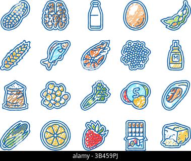 Allergenprodukte lebensmittelfreie Symbole handgezeichnet Stock Vektor