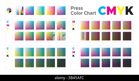 CMYK-Druckmaschine Farbdiagramm. Cyan. Magenta. Gelb. Schwarz. Vektor-Farbpalette, CMYK-Prozessdruck-Übereinstimmung. Farbpalette für CMYK-Drucktechnologien. Stock Vektor