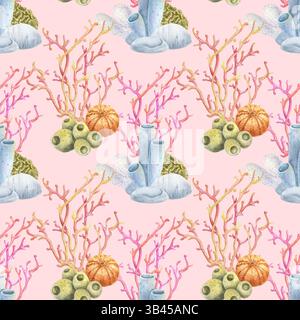 Nahtloses Aquarellmuster mit Elementen des Korallenriffs: Anemonen, Schwämme, Korallen und Muscheln. Heller Meereshintergrund für Stoffe, Tapeten und Stockfoto