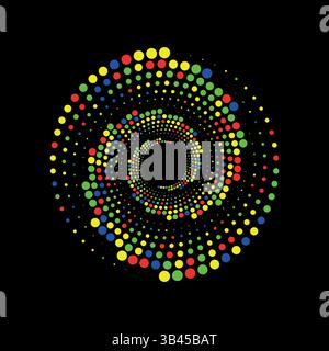 Helle, mehrfarbige Punkte, die einen spiralförmigen Wirbel auf schwarzem Hintergrund bilden und einen dynamischen visuellen Effekt erzeugen Stock Vektor