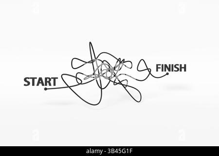 Schwarze Wörter BEGINNEN und ENDEN mit einer unordentlichen und verworrenen Zeichenfolge auf weißem Hintergrund. Schwierigkeiten, Probleme, Barrieren und Lebenshemmnisse Stockfoto