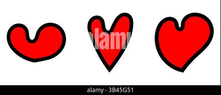 Künstlerische rote Herzvektorsymbole mit schwarzen Umrissen, editierbare romantische Liebessymbole perfekt für Grußkarten und kreative Designs. Stock Vektor