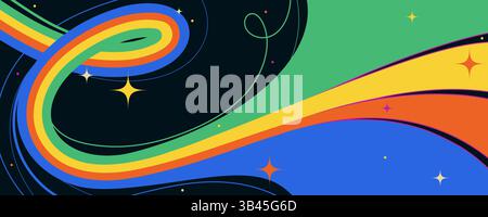 Grooviges horizontales Banner aus den 90er Jahren mit abstrakten, handgezeichneten Linien und einfachen Sternen. Minimales Cartoon-Design mit Hippie-Vibes. Perfekt für Web- und Druckanwendungen Stock Vektor