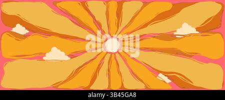 Horizontaler Retro-Sommerhintergrund mit Sonne und Wolken. Abstrakter Cartoon Sunburst im Stil der 60er, 70er Jahre. Vintage-Poster zum Sonnenschein Stock Vektor