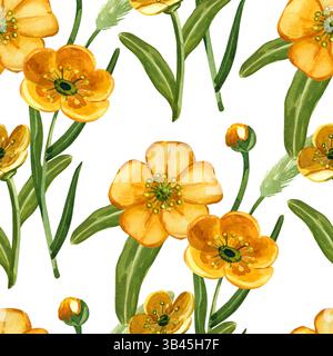 Nahtloses Aquarellmuster. Gelbe Butterblumen, Knospen, grüne Blätter in Sträußen gesammelt. Alle Objekte sind handgezeichnet mit Aquarellen. Geeignet für Stockfoto
