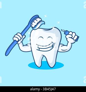 Glücklicher Zahn mit Zahnbürste und Zahnpasta für Zahnpflege Vektor Illustration Cartoon Design Maskottchen Stock Vektor