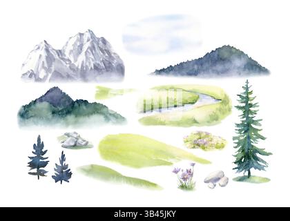 Gebirgslandschaften Sammlung von Elementen isoliert auf weißem Hintergrund. Stockfoto