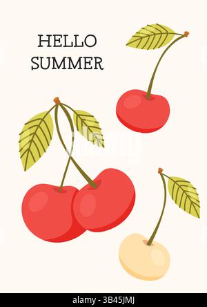 Vektorbild von roten und gelben Kirschen mit Blättern und „Hallo Sommer“-Text auf hellem Hintergrund im Zeichentrickstil. Stock Vektor